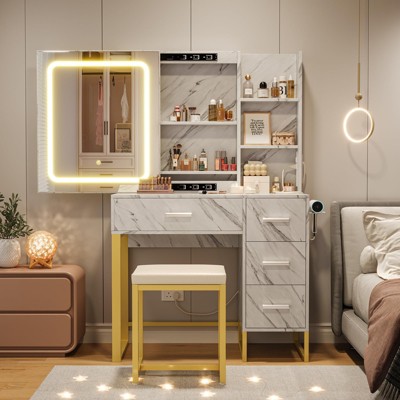 LED Lighted Vanity Desk with Power Outlets & Stool - Modern Makeup Vanity Set with 4 Drawers