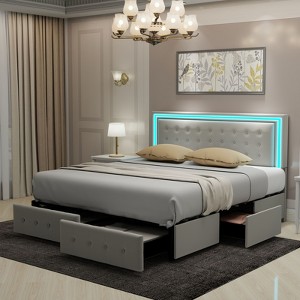 CAVINAS Full/King Size Modern Platform Bed Frame with LED Lights Headboard & 4 Storage Drawers,No Box Spring Needed - 1 of 4