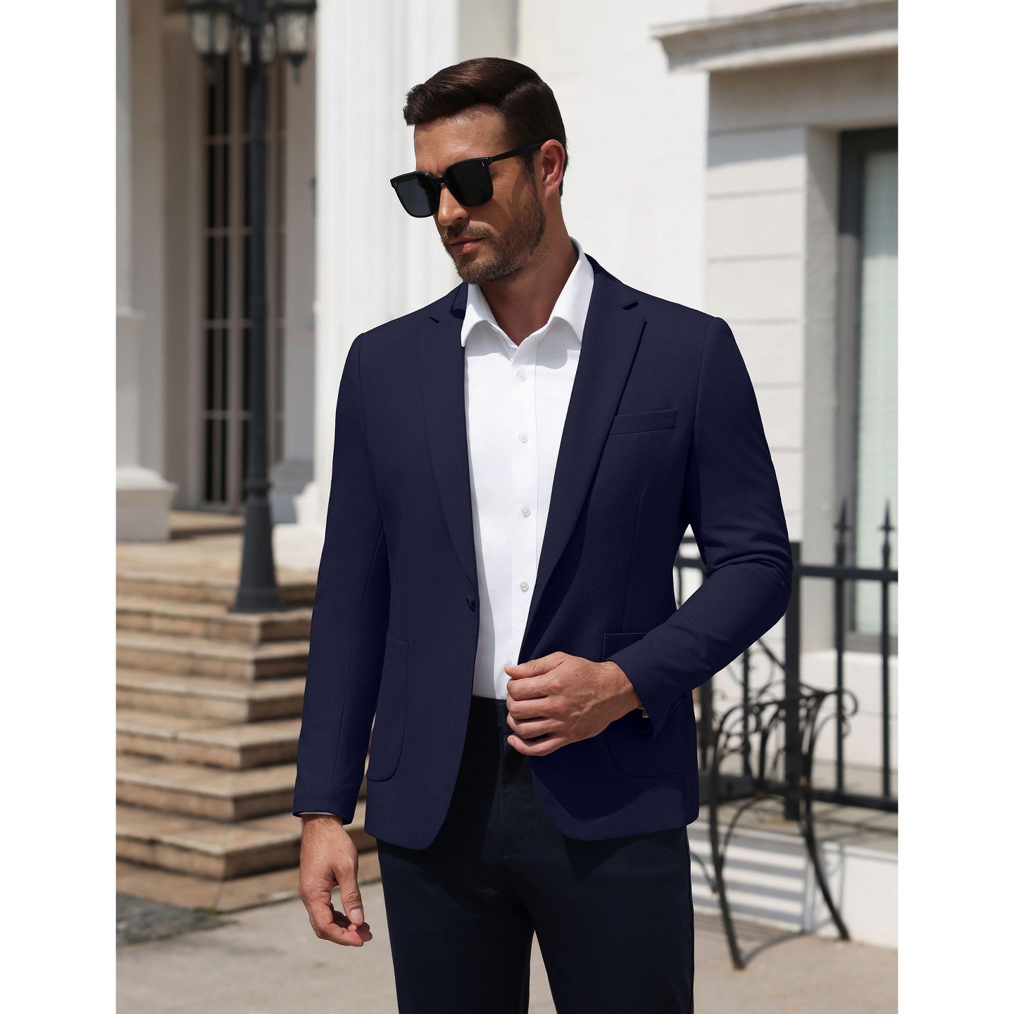 Мужской пиджак COOFANDY Slim Fit Blazer One Button Sport Coat Casual Business Suit Jacket-Navy Blue-M, цвет: Тёмно-синий — фото 5
