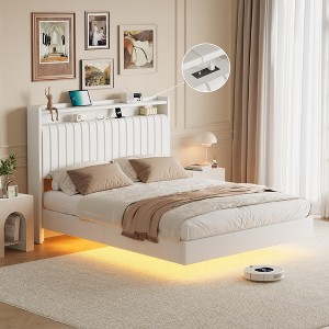 Floating Bed Frame with RGB LED Lights & Charging Station, Upholstered Platform Bed Frame with Storage Headboard - 1 of 4