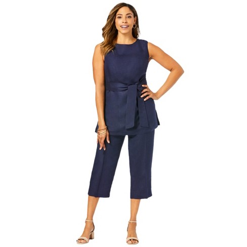 Jessica London Women's Plus Size Two Piece Sleeveless Tunic Top Capri Pants  Linen Blend Set - 12, Navy Blue : Target