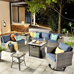 Marlton 9pc Wicker Outdoor Fire Pit Patio Furniture Set Conversation Sofa with a Swivel Chair and Cushions - 1 of 4
