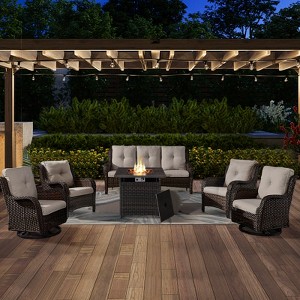 6 Pieces Brown Wicker Patio Furniture Set with Propane Fire Pit Table, All Weather Wicker Patio Set with Square Fire Pit Table and Swivel Patio Chair - 1 of 4