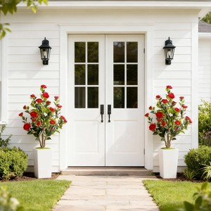 4FT Artificial Camellia Tree, Large Camellia Tree In White Pot, Blooming Florals Plant with Adjustable Twig Fake Potted Flowers Plant for Home Garden - 1 of 4