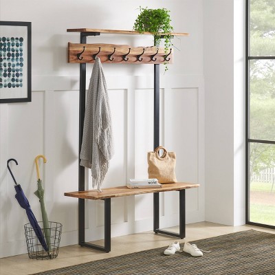 Natural Acacia Wood Hall Tree with Metal Hooks and Shelves