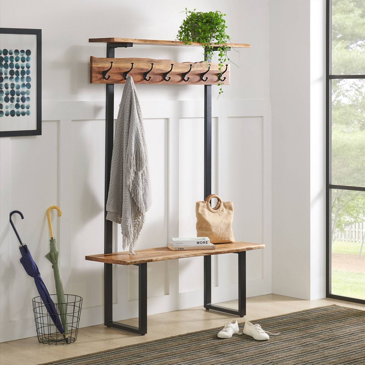 Alpine Hall Tree Natural - Alaterre Furniture: Acacia Wood, Metal Legs, Storage, 7 Hooks - thumbnail 2