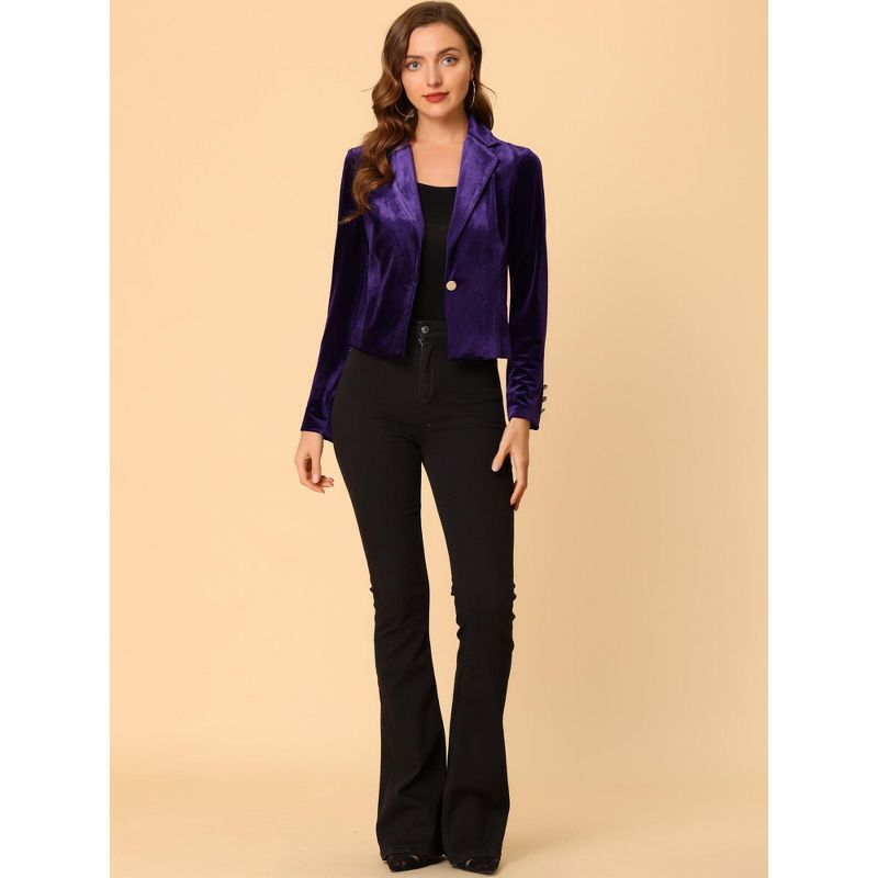 Allegra K Women's 1 Button Lapel Collar Business Office Crop Suit Velvet Blazer, 3 of 7