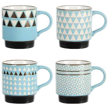 Mr. Coffee Primevalley 4 Piece 14 Ounce Stackable Assorted Wax Relief Triangle Design Mug Set