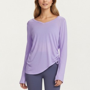 Anna-Kaci Active Women’s Long Sleeve V Neck Top with Soft Textured Fabric Relaxed Draped Silhouette and Curved Hemline - 1 of 4