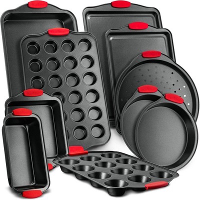 NutriChef 10 Piece Kitchen Oven Baking Pans - Black with Red Silicone