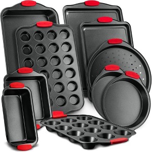 NutriChef 10 Piece Kitchen Oven Baking Pans - Black with Red Silicone - 1 of 4