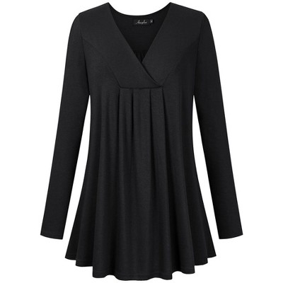 Women's Plus Size Long Sleeve V Neck Tunic Tops Pleated Solid Tee Shirt Causal Loose Blouse, Black, 5XL