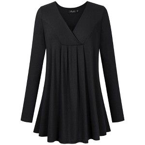 Women's Plus Size Long Sleeve V Neck Tunic Tops Pleated Solid Tee Shirt Causal Loose Blouse, Black, 5XL - 1 of 4
