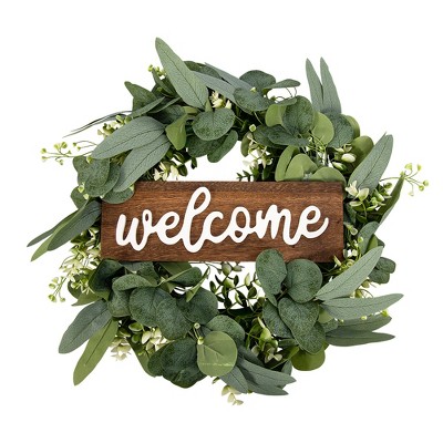 20" Eucalyptus Wreaths for Front Door, Spring Wreath with White Berry Wood Welcome Sign Farmhouse Wreath for Wall Window Porch Indoor Outdoor Decor