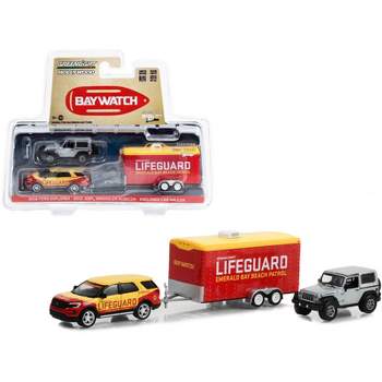 2016 Ford Explorer Yellow & Red w/2013 Jeep Wrangler Rubicon Gray & Hauler "Baywatch" 2017 1/64 Diecast Model Cars by Greenlight