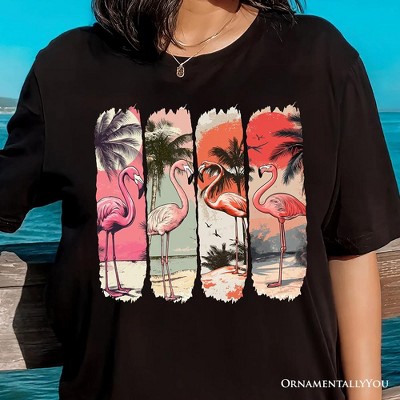 Summer Flamingo Beach T-Shirt, Retro Vacation Black Tropical Sunset Tee| OrnamentallyYou