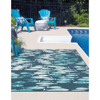 Blue Coastal Fish Pattern Rectangular Outdoor Rug, 4' x 6'