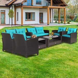 Costway 8 PCS Patio Rattan Furniture Set Glass Table Shelf Sofa Cushion Black/Red/Turquoise/Navy/Gray - 1 of 4