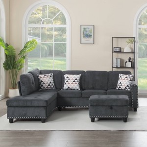 MAYEERTY 94.5 Inch L-Shaped Sectional - Solid Wood & Iron Frame, Storage Ottoman, Built-in Cup Holders - 1 of 4