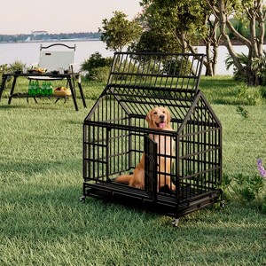 Okak 48IN Heavy Duty Dog Crate with House Shape, Folding Metal Dog Kennel with Wheels and Removable Tray, Dog Cage for Large and Medium Dogs, Black - 1 of 4
