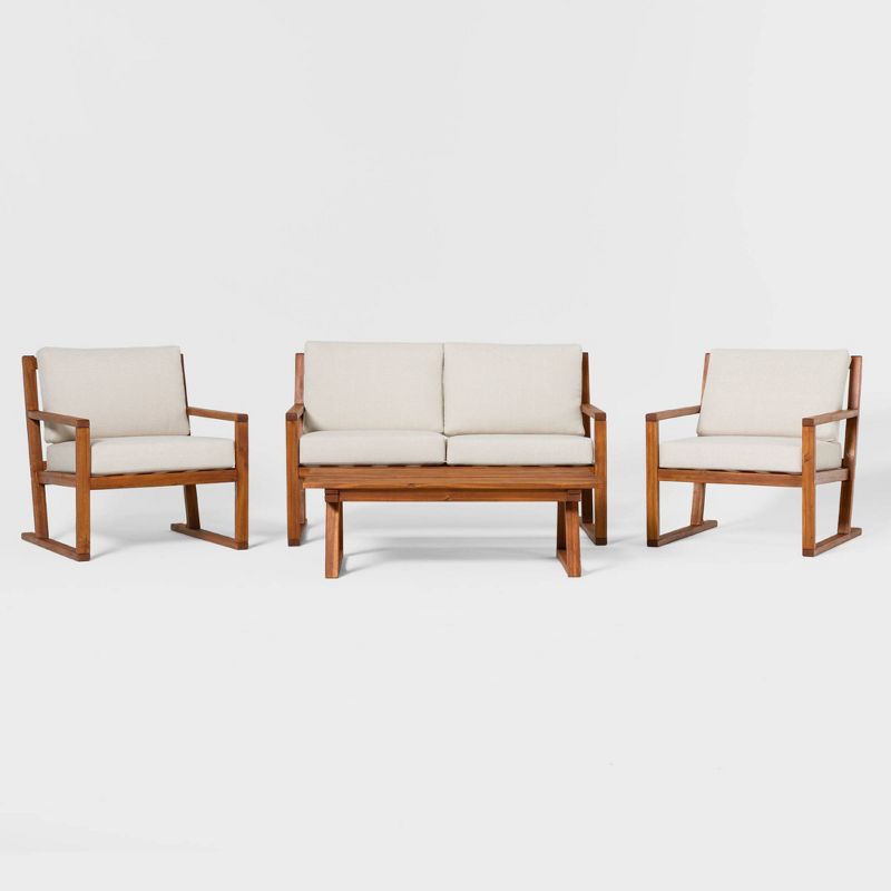 Saracina Home 4pc Modern Slat-Back Acacia Outdoor Conversation Set with Cushions 
, 1 of 10