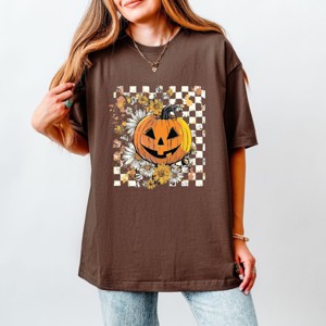 Carved Pumpkin Checkered Floral - Womens Heavyweight Tee - 1 of 3