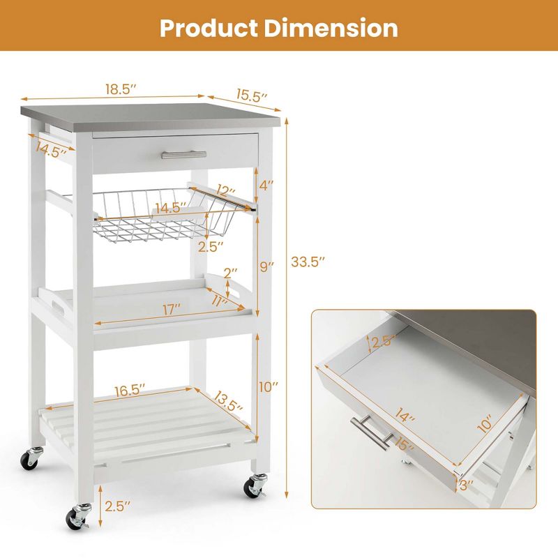 Costway Compact Kitchen Island Cart Rolling Service Trolley withStainless Steel Top Basket, 3 of 11