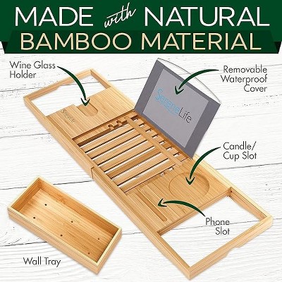 Adjustable Natural Bamboo Bathtub Caddy with Glass Holder