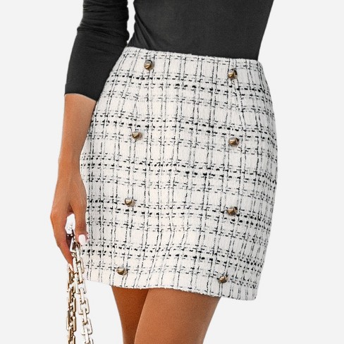 Women's Plaid Tweed Double Breasted Mini Skirt - Cupshe-L-White