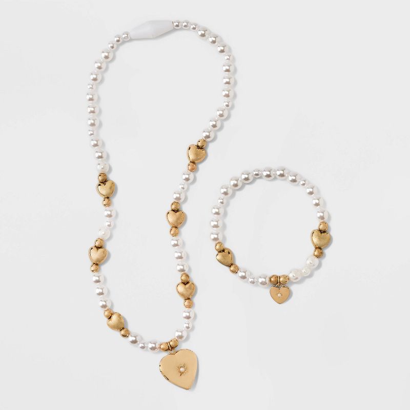 Toddler Girls&#39; Pearl Heart Bracelet and Necklace Set - Cat &#38; Jack&#8482; Gold, 3 of 8