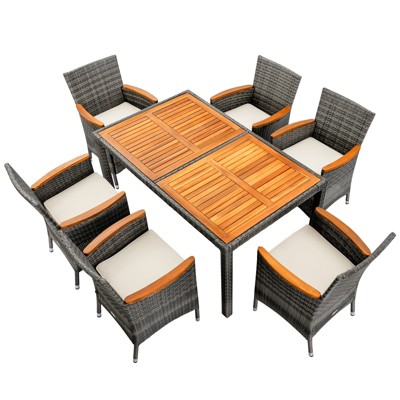 Gray and Beige 6-Person Rattan Dining Set with Acacia Wood Table