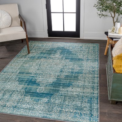 Teal and Cream Medallion Washable Synthetic Area Rug