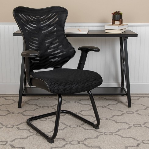 EMMA OLIVER Black Mesh Sled Base Side Reception Guest Office Chair with Flip-Up Arms EMMA OLIVER Black Mesh Sled Base Side Reception Guest Office Chair with Flip-Up Arms