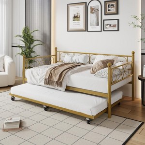 Twin Size Daybed Frame with Floral Headboard, Heavy Duty Bed Frame with Sturdy Metal Slats, Modern Platform Bed for Living Room, Guest Room - 1 of 4