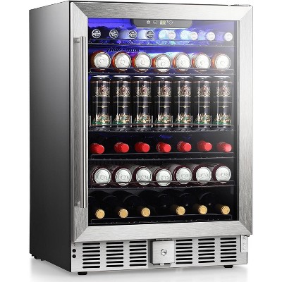 ZAFRO 24" Wine Refrigerator, 5.1 Cu.Ft Beverage Cooler, Under Counter Stainless Steel Beverage Cooler with Glass Door