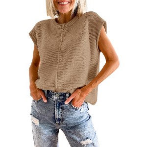 Womens Cap Sleeve Sweater Vest Crew Neck Knit Sleeveless Tank Tops Casual Lightweight Pullover Sweaters - 1 of 1