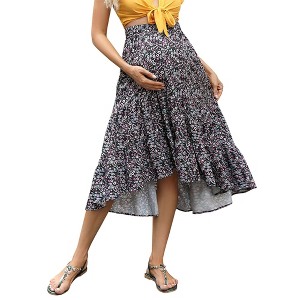 BLUEMING Maternity Skirts Floral High Low Hemline Dress Elastic Waist High Rise Tiered Maxi Skirts Flounce Long Skirts - 1 of 4