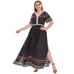 Coolmee Women Summer Plus Size Maxi Dress Casual Boho V Neck Short Sleeve Trim Split Flowy Long Dress - 1 of 1