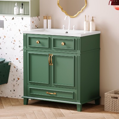 30''W Bathroom Vanity with Resin Sink, Retro Style Solid Wood Frame Bathroom Storage Cabinet with Soft Closing Doors and 1 Drawer - ModernLuxe