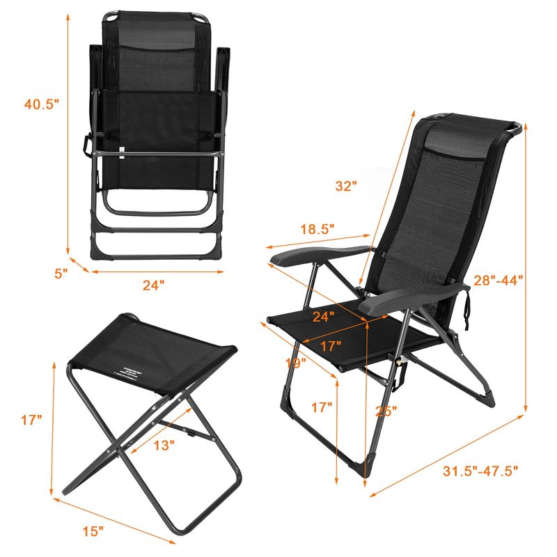 Costway 4PCS Patio Folding Dining Chair Ottoman Set Adjustable Back Camp Gray\Black, 2 of 11