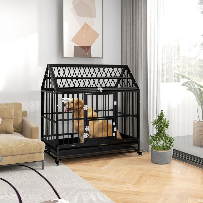 PawHut 49" Heavy Duty Dog Crate, Strong Steel Large Dog Crate with 4 Lockable Wheels, Double Doors, and Removable Tray, for XL and L Dogs, Black, 3 of 7