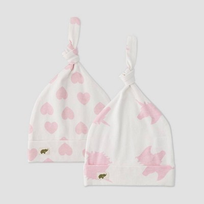 Layette by Monica + Andy Baby Girls' 2pk Unicorn and Heart Print Top Knot Hat - Pink