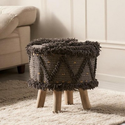Alilang 16.00 inches Round Woven Ottoman with Boho Fringe and Wooden Legs-Dark Brown