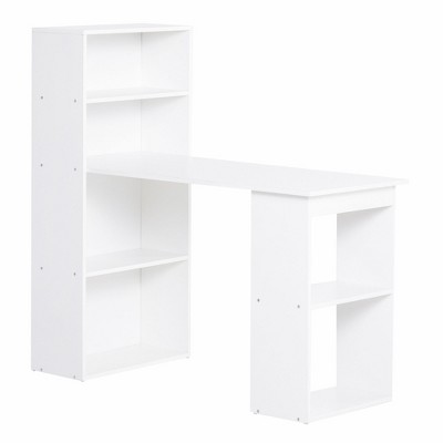 Vynxaria Modern Home Office Desk with 6-Tier Storage Shelves: 47" Writing Table with Integrated Bookshelf in White.