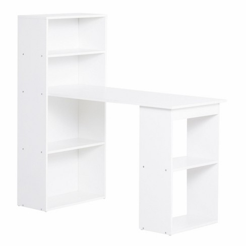 Folding Computer Desk with Storage Shelves, 360 Rotating L-Shape Corner Desk for Home Office Small Space - White