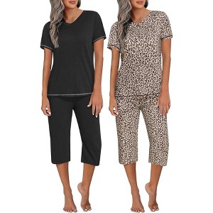 Ekouaer 2 Pack Women's Pajamas Short Sleeve Sleepwear Tops and Capri Pants Pjs - 1 of 4