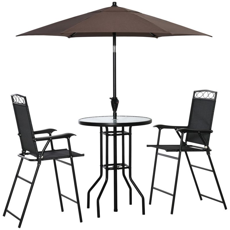 Outsunny 4 Piece Patio Bar Set for 2 with 6' Adjustable Tilt Umbrella, Outdoor Bistro Set with Folding Chairs & Glass Round Dining Table, 5 of 8