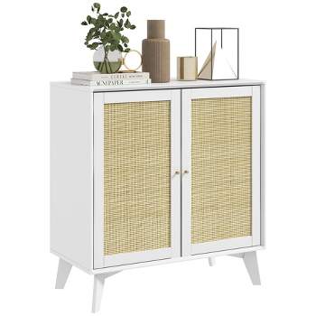 HOMCOM Rattan Storage Cabinet, Accent Cabinet with 2 Doors and Adjustable Shelf for Living Room, Dining Room, Entryway, White