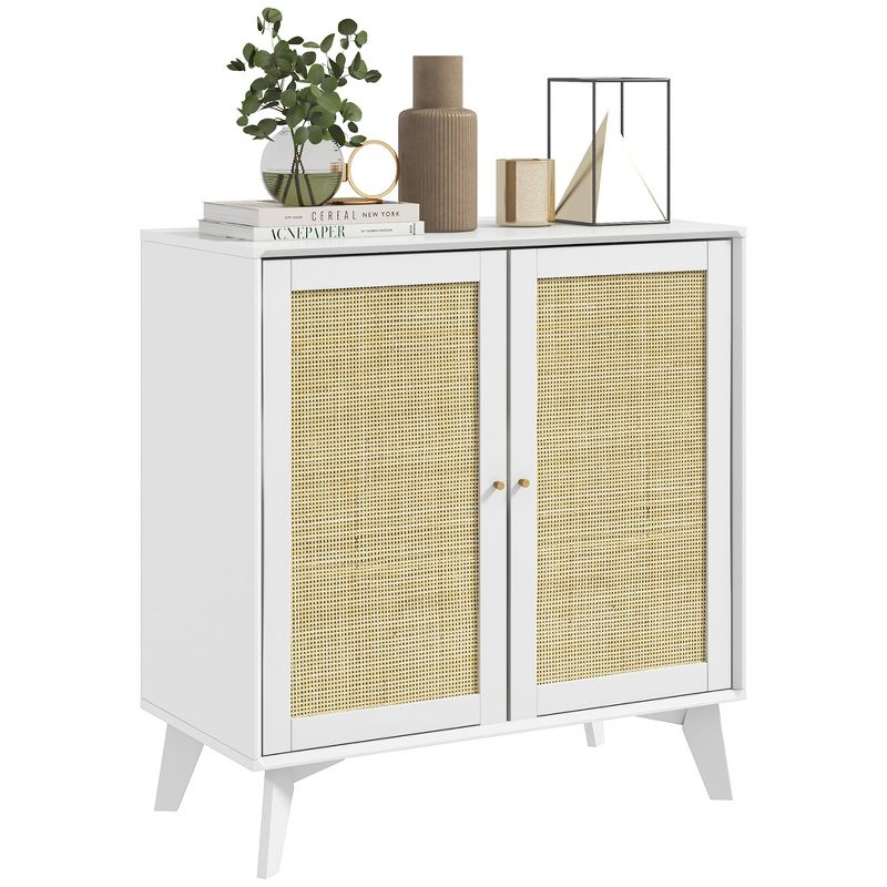 HOMCOM Rattan Storage Cabinet, Accent Cabinet with 2 Doors and Adjustable Shelf for Living Room, Dining Room, Entryway, White, 1 of 7