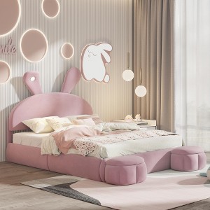 KTMBDW Upholstered Platform Bed Frame with Rabbit Ears Headboard,Strong Wooden Slats Support No Box Spring Needed Easy Assembly Pink - 1 of 4